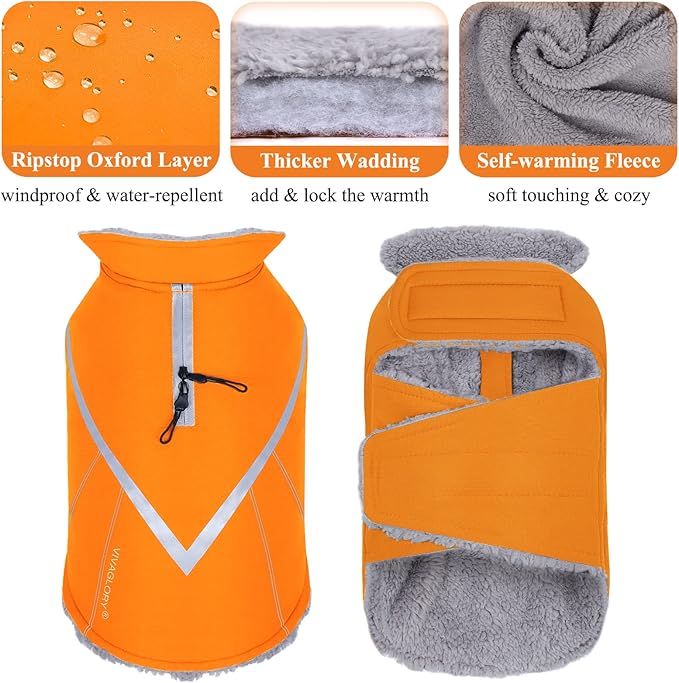 VIVAGLORY Snowrap Dog Coat, Jacket with Harness Hole, Dog Coat for Winter & Cold Weather, Fluffy Warm Fleece Lined Reflective Water Resistant for Puppy, M, Orange