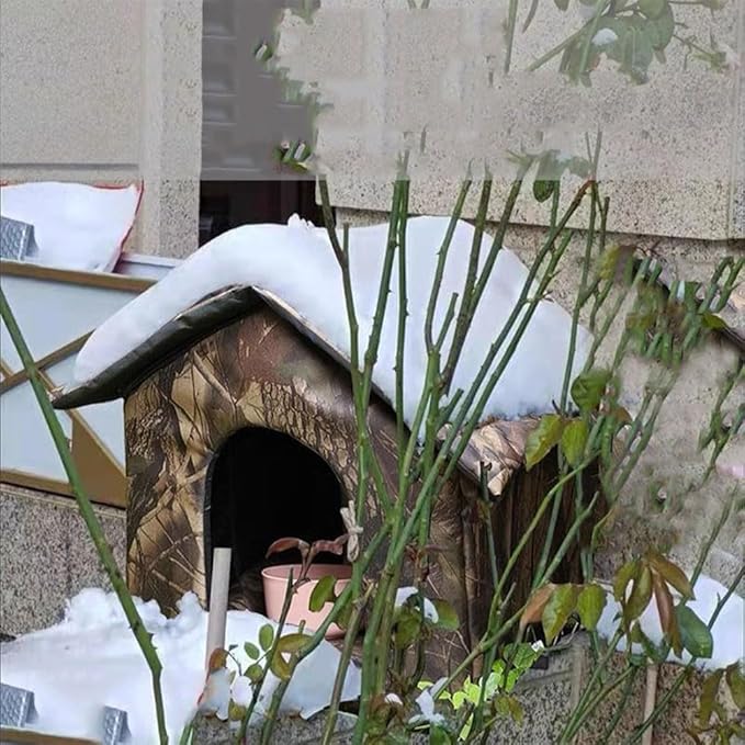 Outdoor/Indoor Faux Woodland Frame Thermal Cat House, Waterproof, Insulated, Concealed, Collapsible, Removable, Easy to Clean. Suitable for Felines or Small Dogs(L)