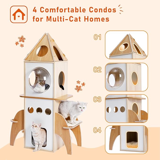 Modern Cat Tree Rocket Shape,54" Wood Cat Tower Multilevel for Indoor Cats, Cat Furniture with 3 Condos, Dangling Balls, Attic Perch