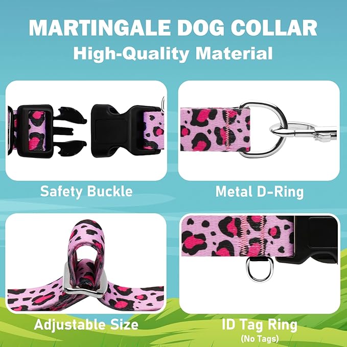 Martingale Collar for Dogs with Buckle No Pull Adjustable Nylon Limited Slip Training Dog Collars (Pink Leopard, Large)
