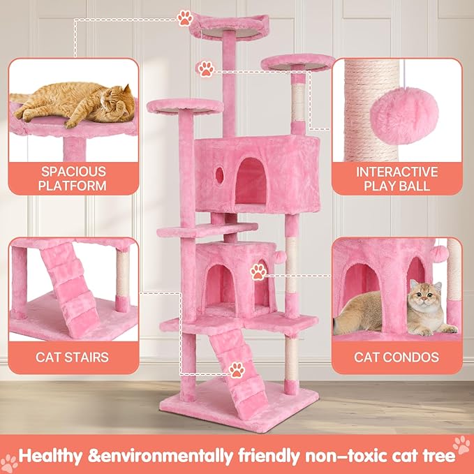 Cat Tree with Scratching Post,Cat Tower House for Indoor Large Adult Cats Kittens,21x21x70in Multi-Level Activity Cat Cando Furniture,Pink