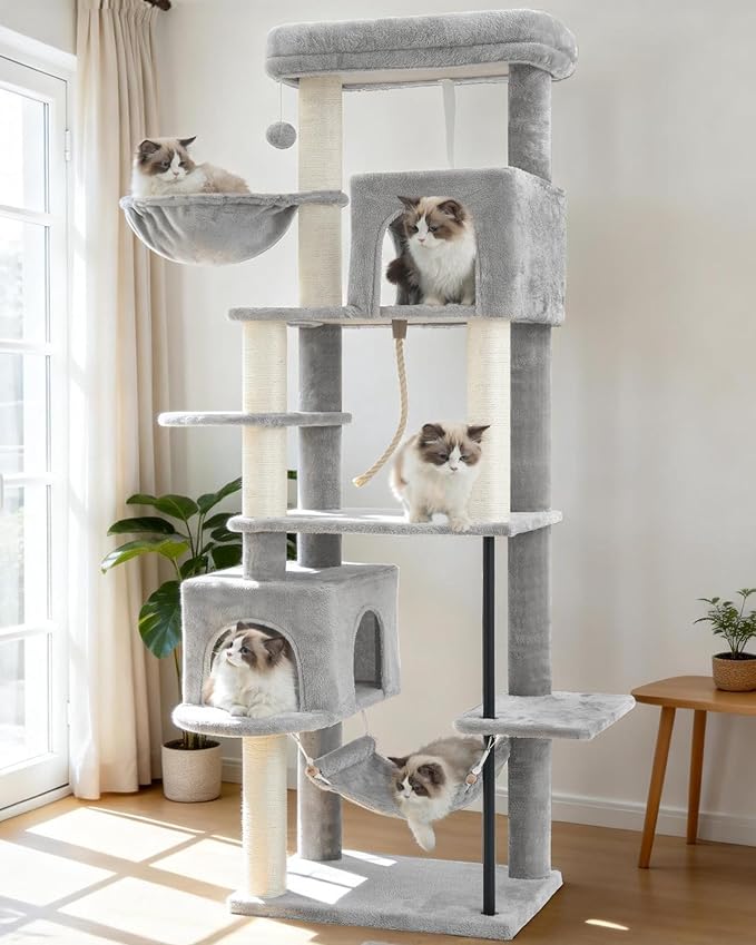 Cat Tree for Indoor Cats Large Adult, 70.5'' Cat Tower with Scratching Post, Sturdy Steel Pube Cat Tree Tower with Large Playing Platfrom, Hammock and Basket, Top Perch, Light Gray GCT024W