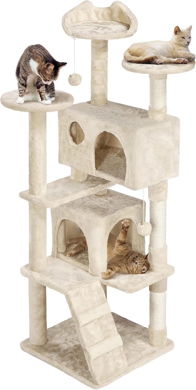 Topeakmart 61in Cat Tree for Indoor Cats, Cat Tower with Scratching Posts Spacious Perch & Platform for Kittens, Beige