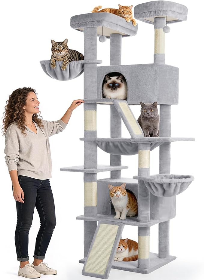 Cat Tree 82 in Multi-Level Cat Tower for Indoor Cats, Heavy Duty Large Cat Tree with Sisal Scratching Posts, Hammock, 2 Perches, 2 Condos, 2 Hanging Baskets, Light Grey