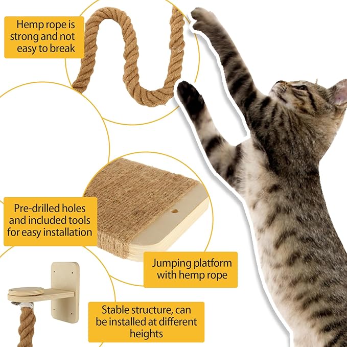 Wall Mounted Cat Tree with 2 x 59.1 Inch Jute Climbing Ropes, Solid Wood Cat Climbing Tower with Scratching Post, Rope Ladder, Jumping Platforms & Wall Steps Cat Playground