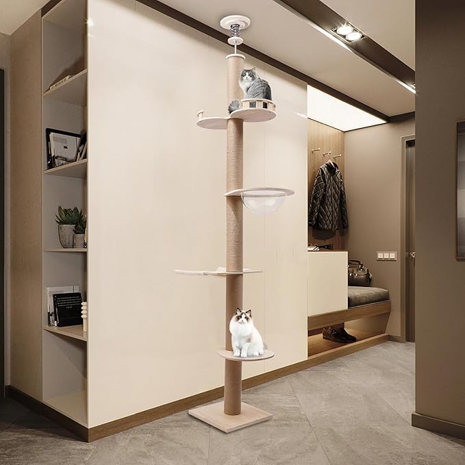 4 Tiers Cat Tree Climbing Floor-to-Ceiling Tower,Cat Play Sisal Rope Scratching Post for Ceiling Height of 100.4-104.3"