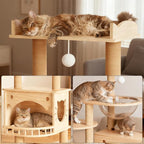 KVIDA Solid Pine Wood Cat Tree for Indoor Cats, 56.7” Tall Modern Cat Tower with Clear Acrylic Hammock & Condo House, Heavy Duty Wooden Cat Tree for Large Cats with Sisal Scratching Posts