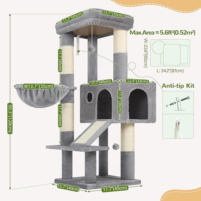 Globlazer Extra Thick Scratching Posts Tower Sturdy 50-inch Corner Cat Tree Tower for Indoor Cats, Cat Tower for Adult Cats with Scratching Board, Kitty Condo, Basket, S50, Light Gray