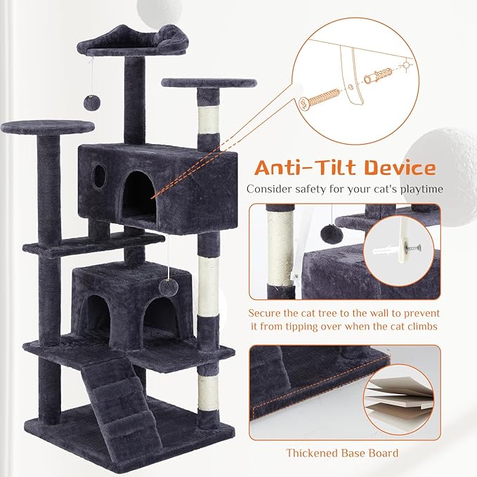 54-Inch Cat Tree Tower with Condo & Platforms, Multi-Level Cat Climbing Tree for Indoor Cats, Sturdy Cat Treehouse with Soft Fabric & Scratching Posts,Deep Blue