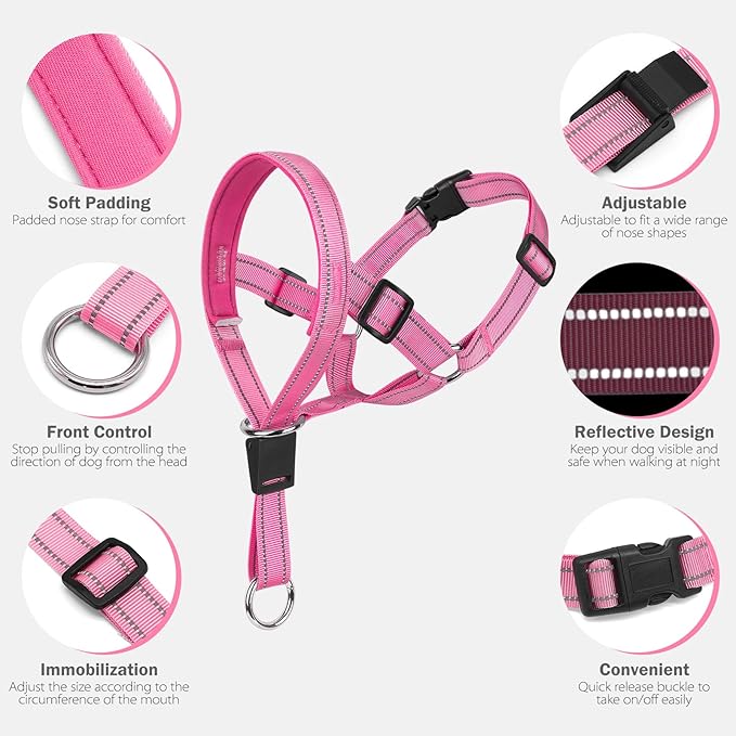 Weesiber No-Pull Dog Head Halter - Adjustable Dog Muzzle Leash, Padded Head Collar for Dogs to Prevent Heavy Pulling On The Leash(Pink,L)