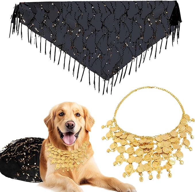 Dog Belly Dancer Costume with Necklace and Waist Chain - Sequin Party Outfit for Medium to Large Dogs, Labrador, Golden Retriever, German Shepherd, Husky