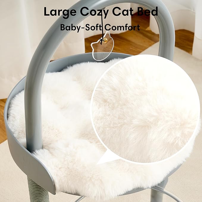 Modern Cat Tree, Wood Cat Tower with Steel Frame, Scratching Posts, Cat Capsule, Plush Mat, Bell Dangling Toy, Aesthetic Minimalist Heavy-Duty Cat Climbing Tree for Large Indoor Adult Cats-Grey