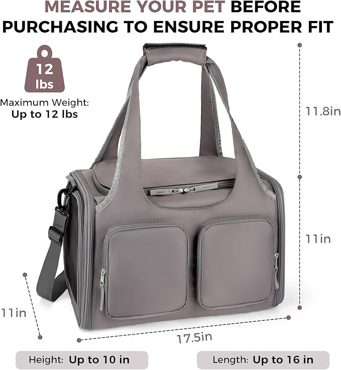 Dog, Cat Carrier for Pets Up to 12 Lbs, Airline Approved Collapsible Soft-Sided Pet Travel Bag with Locking Zippers, Breathable Mesh and 4 Large Pockets, Removable Fleece Pad (Grey)