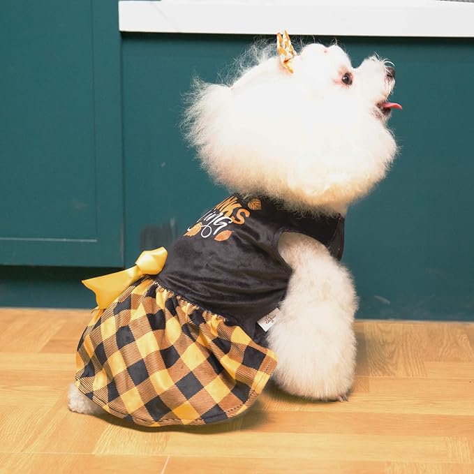 CuteBone Happy Thanksgiving Day Dog Fall Dress Costume Velvet for Small Dogs Girl Puppy Dresses Yellow Plaid Dog Clothes CVA03L-D