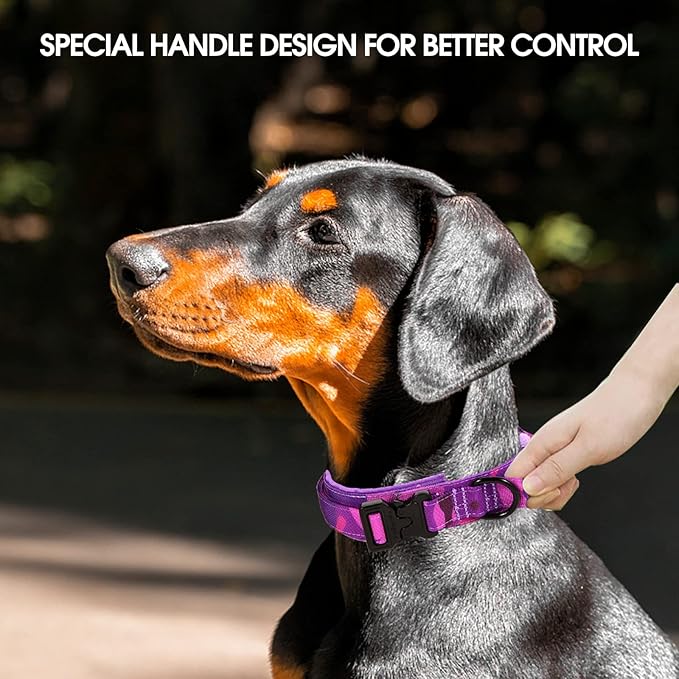 Tactical Dog Collar with Heavy Duty Metal Buckle and Control Handle for Medium Large Dogs Training(Purple Camo, Large)