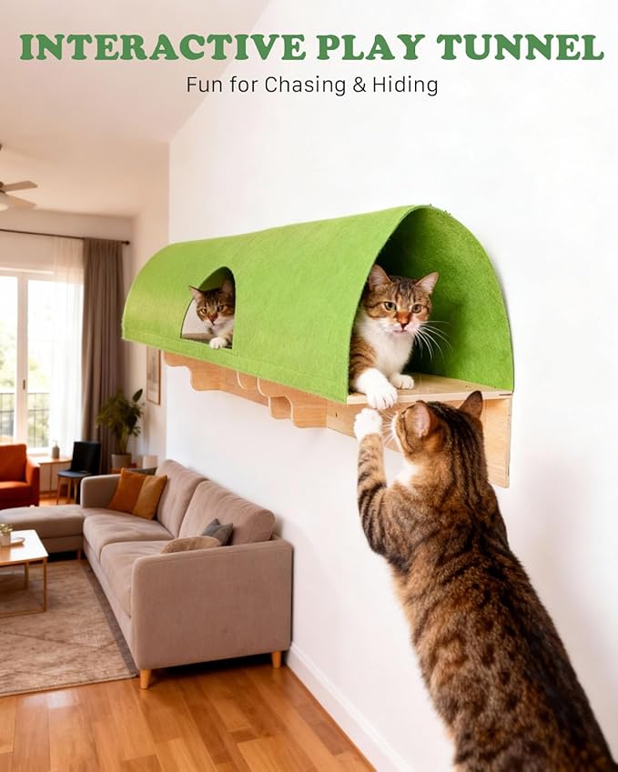 Cat Wall Shelves, 18 in 1 Cat Wall Furniture with Green Tunnel, Condos, Bridge, Climbing Post & Scratching Pad Modular Wall Mounted Cat Playground for Large Spaces & Multi-Cat Homes