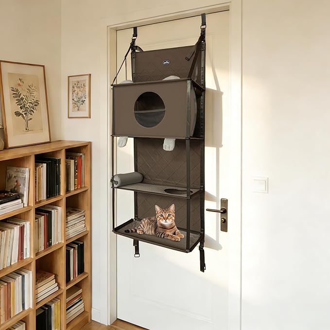 Foldable Door Mounted Cat Tree, 4-Tier Door Hanging Cat Climbing Tower with Hammock Bed, Cat Tree Condo for Cats up to 17.6 lbs for Home Apartment Pet Store, Tool-Free Assembly