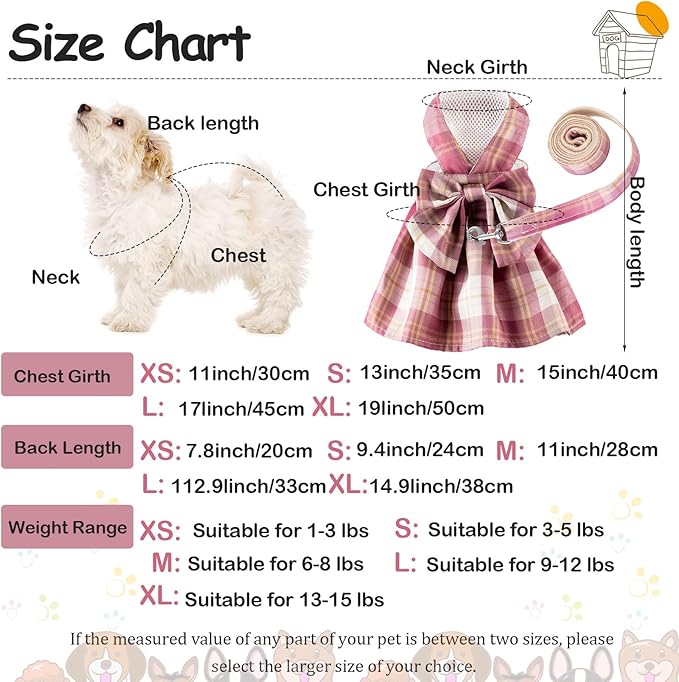4 Pcs Cute Plaid Dog Dress Set with Bow Tie Harness & Leash for Small Dogs, Puppy Clothes for Girls Outfits(M,Dark Color)