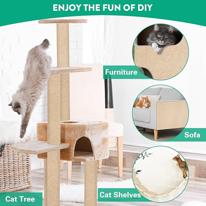Trimmable Cat Scratcher Mat 2PCS, 78.7"x15.8" Self-Adhesive Cat Scratching Carpet Pad Replacement for Cat Tree Shelves, Steps and Posts, DIY Cat Scratch Couch Furniture Protector