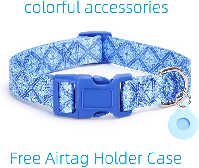 Dog Collar with Leash Airtag Holder Case Set - Dog Collars for Male Female Boy Girl Puppy X-Small Small Medium Large Dogs Walking Running Training - Blue Geometry/XS