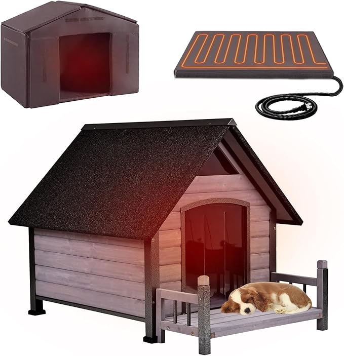 GUTINNEEN Heated Dog House for Outside Dog Kennel with Insulated Line and Heating Pad, Anti-Chewing Metal Frame Dog Shelter with Raise Floor and Waterproof Roof, Grey
