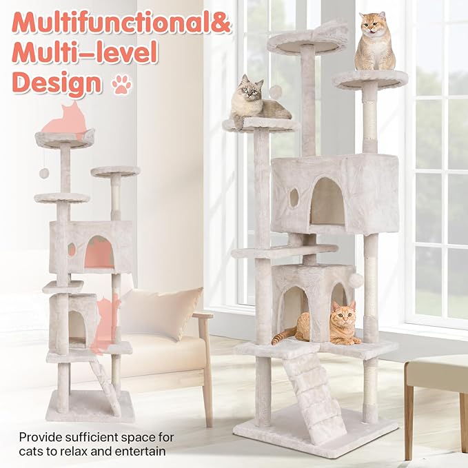 Cat Tree with Scratching Post,Cat Tower House for Indoor Large Adult Cats Kittens,21" Multi-Level Activity Cat Cando Furniture,Beige