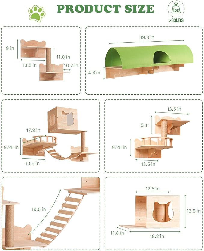 Cat Wall Shelves, 18 in 1 Cat Wall Furniture with Green Tunnel, Condos, Bridge, Climbing Post & Scratching Pad Modular Wall Mounted Cat Playground for Large Spaces & Multi-Cat Homes