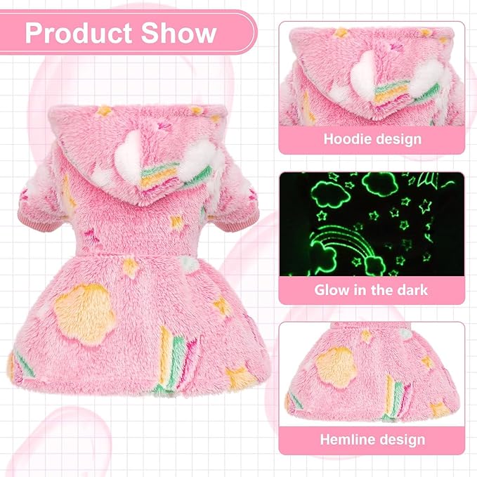 Dog Sweaters for Small Dogs Girl Night Glow Dog Hoodie Warm Fleece Doggie Sweatshirt Cute Puppy Dress Winter Pet Sweaters Doggy Clothes Outfit Apparel for Chihuahua Yorkie, Rainbow, S