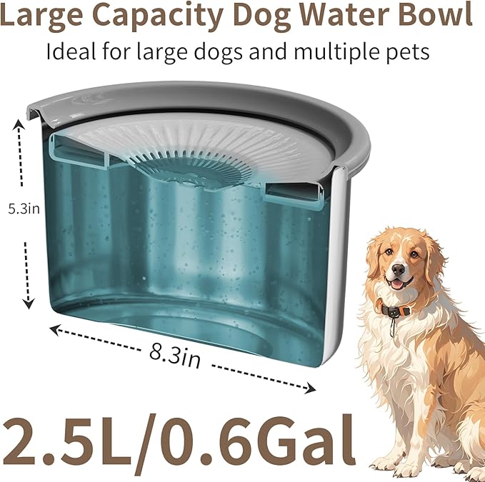 2.5L Dog Water Bowl 101oz Stainless Steel Water Bowls for Dogs No Splash Pet Water Dispenser with Non-Slip Base for Dogs and Cats 2.5L+2 Filters