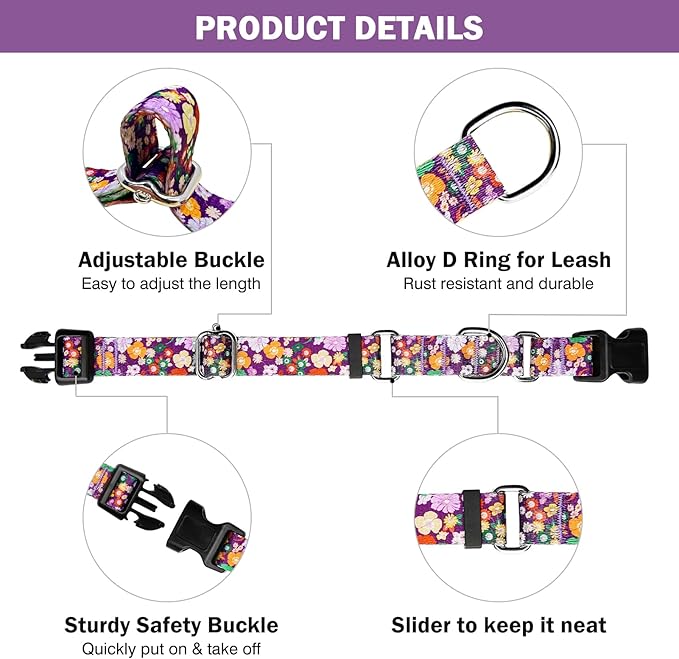 Hikiko Martingale Collar for Dogs Cute Floral Dog Collar for Small Medium Large Dogs Special Design Fancy Dog Collars for Girl Boy Pet (Purple Flower,Medium)