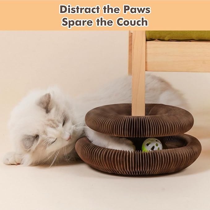 Magic Organ Cat Scratcher Toy with 2 Bell Balls - Interactive Transformable Cat Scratching Board, Foldable Corrugated Cardboard Track Toy for Indoor Cats & Kittens