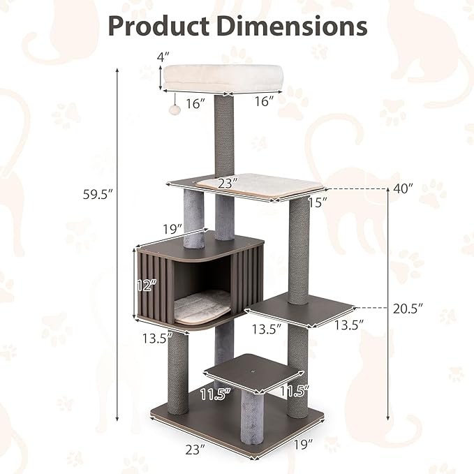 PETSITE 59.5 Inches Modern Cat Tree, Multi-Level Cat Tower with Scratching Posts, Large Condo with Removable Pad, Cushioned Soft Top Perch, and Interactive Dangling Ball (Grey)