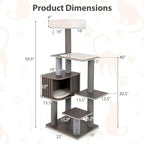 PETSITE 59.5 Inches Modern Cat Tree, Multi-Level Cat Tower with Scratching Posts, Large Condo with Removable Pad, Cushioned Soft Top Perch, and Interactive Dangling Ball (Grey)