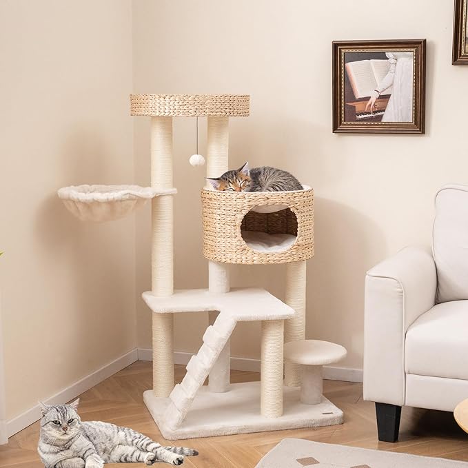 Tangkula Modern Cat Tree, 50 Inch Multi-Level Cat Tower with Cattail Fluff Condo & Top Perch, Hanging Basket, Platforms, Ladder, Dangling Ball, Sisal Scratching Posts for Indoor Cats