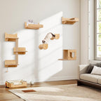 Tangkula Cat Wall Shelves, 6 Pieces Wooden Wall Mounted Kitten Furniture Set with Hammock, Food Water Bowl, 3-Step Cat Tree, Platforms, Scratching Posts & Hanging Toy, Cat Climber Steps (Natural)