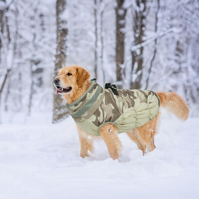 Lelepet Warm Dog Winter Coat Dog Coats for Large Dogs Waterproof Dogs Jacket with Harness Built in Reflective Cold Weather Coats Windproof Zip-Up Winter Fleece Vest Snowsuit Boxer Desert Camo XL