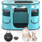Dog Playpen, Portable Pet Cat PlayPen, 600D Oxford Dog Kennel Tent Crate, Waterproof&Breathable, Indoor Outdoor Travel Camping for Medium/Large Breed with Carrying Case+Bowl(M), Blue + White Clouds