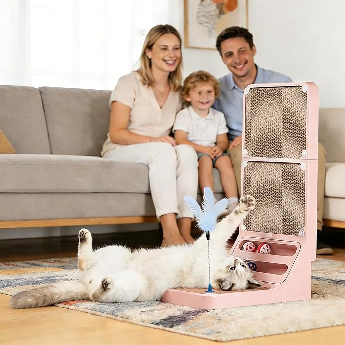 Cat Scratcher Cat Scratch Pad L Shape Wall Mounted Dual Use (Vert/Horiz) Kitten Bunifa Scratching Card Board Vertical Post with Ball Toys Feathers,Protecting Furniture Core is Replaceable Large Pink
