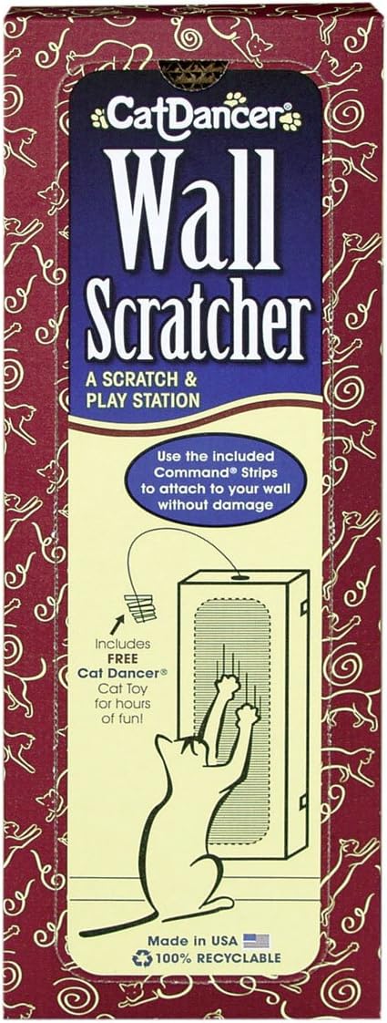 CAT DANCER Wall Mounted Cat Scratcher Pad with Command Strips for Adhesion, Vertical Cardboard Wall Scratcher for Cat Claws, Includes Free Cat Toy for Indoor Cats - 6.25"L x 1.75"W x 18"H