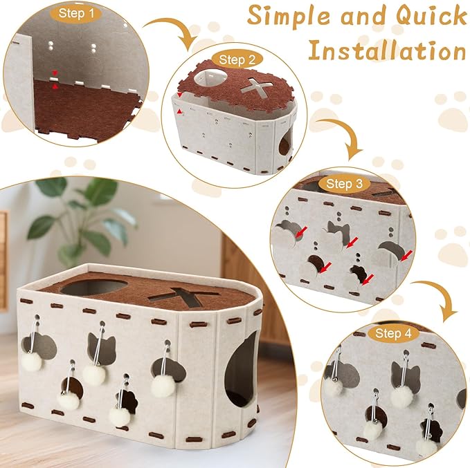 BABORUI Cat House for Indoor Cats, Large Foldable Cat Bed Cave with 5 Fluffy Ball Hanging, Felt Cat Hideaway with 8 Tunnels for Multi Pet Cats Kitten & Adult Play