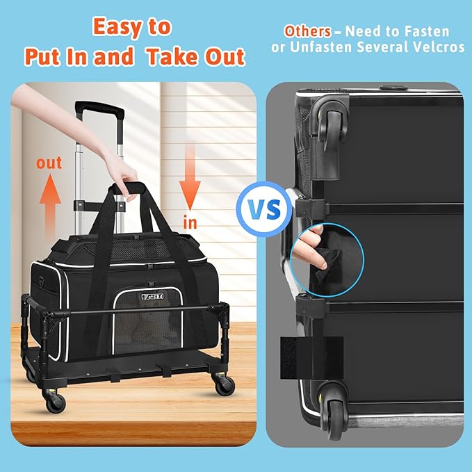 Petskd Top-Expandable Small Pet Carrier with Wheels(18" L x 13" W x 9.5" H), Southwest Airlines Approved, Rolling Pet Carrier for Small Dogs & Cats (Black)