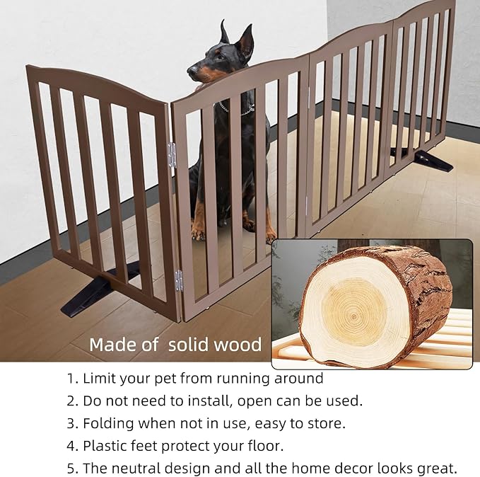 ZJSF Foldable Freestanding Indoor Dog Gate for House Wood Long Pet Gates Dog Fence for Stairs Puppy Gates for Hallways, Puppy Gate,Support Feet Included, Brown, 32 "Height-3 Panels