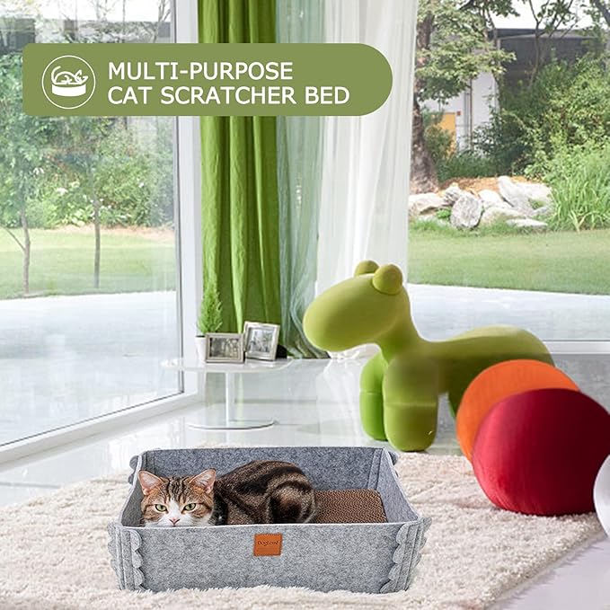 Felt Cat Scratcher Lounge Box with Removable Cardboard,Rectangular Cat Bed with Corrugated Board, Pet Scratching Pad for Furniture Protection, Training Toy (Gray)