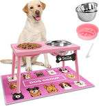 Adjustable Elevated Dog Bowl Stand with Slow Feeder, 2 x 58oz Stainless Steel Bowls, Raised Food and Water Holder for Medium and Large Dogs, Pink