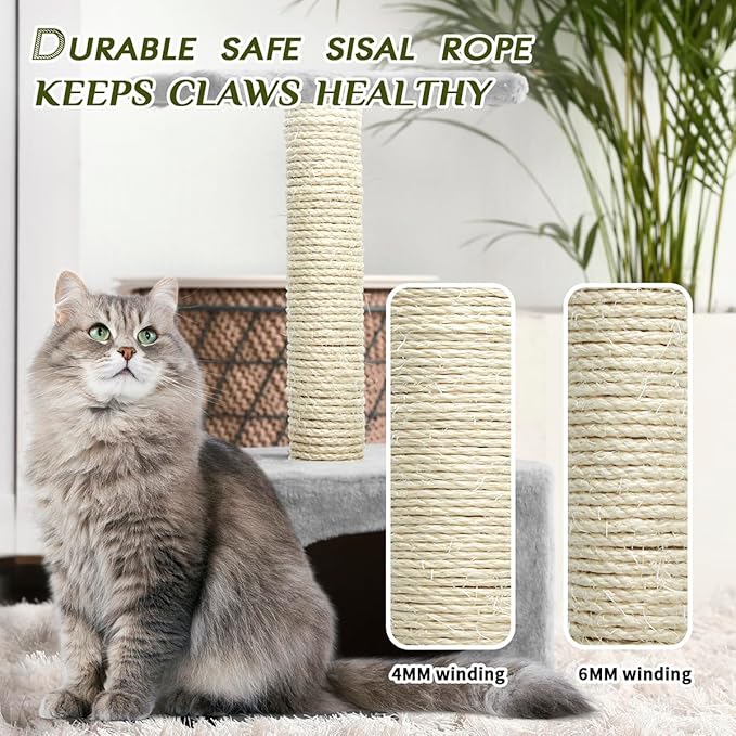 White Sisal Rope 1/4 Inch by 49-Feet for Cat Scratching Post Tree Tower Replacement Repair and Replace, DIY Hemp Twine Rope for Kittens Shelves Furniture Window Perch Hammock Climbing, 6mm by 15m