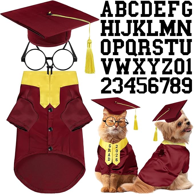 5 Pcs Dog Graduation Costume Set Include 2026 Pet Graduation Gown with Stole Puppy Grad Cap Lensless Glasses DIY Letter Stickers for Dogs Cats Holiday Costume Accessory(Maroon Yellow,S)