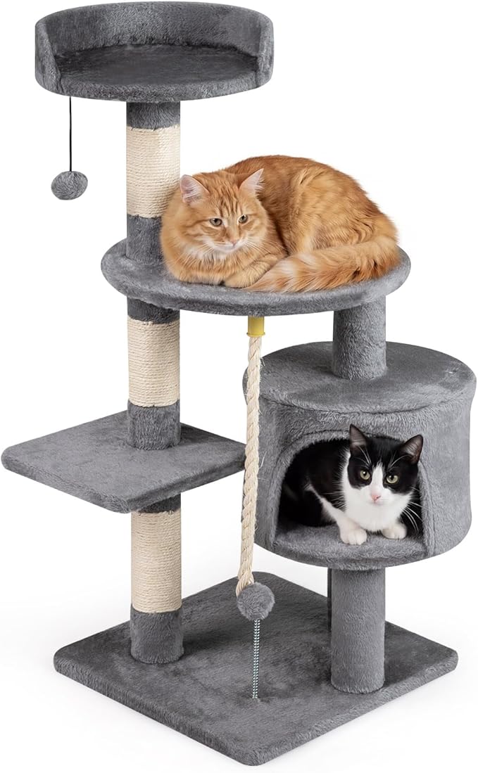 Tangkula 36 Inch Cat Tree Tower, Multi-Level Cat Tower with Condo, Top Perch, Sisal Scratching Posts & Hanging Rope, Spring & Hanging Balls, Climbing Platforms for Indoor Cats and Kittens (Light Gray)