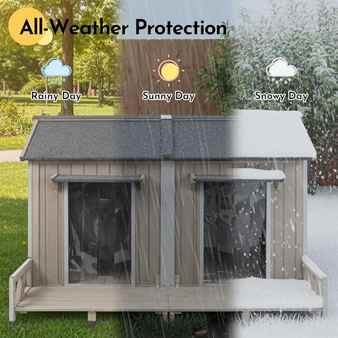 59''L Extra Large Dog House with 2 Doors, Wooden XL Dog House Outdoor Weatherproof with Chew-Proof Iron Frame, Openable Roof, 2 Windows, Indoor Doghouse Pet Shelter Fits Small to Middle Dogs