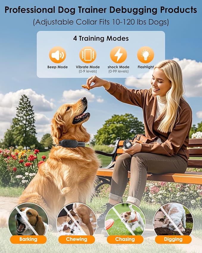 Dog Shock Collar with Remote Control - Shock Collar for Dogs IPX7 Waterproof Dog Training Collar with Beep Vibration Static Correction Flashlight Long-Lasting Battery Safe Training for dogs 10–120 lbs