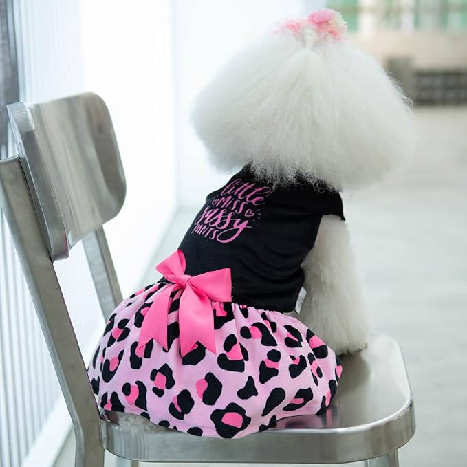 CuteBone Little Miss Sassy Pants Dog Leopard Print Dress Velvet for Small Dogs Girl Puppy Dresses Pink Dog Clothes CVA15S-D